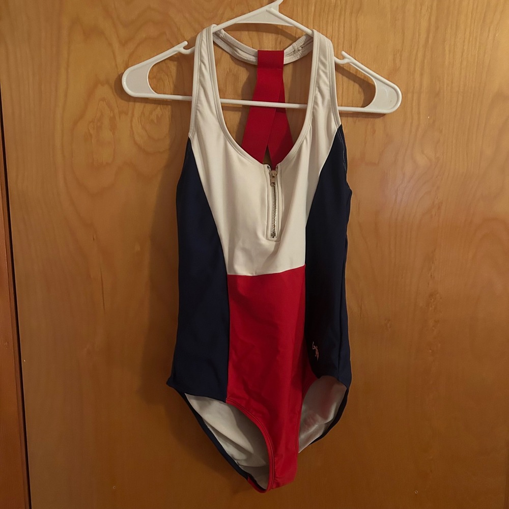 USPA Womens Red White Blue Colorblock Zip Front Racerback One Piece Swimsuit M